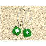 Boucles d'Oreilles Argent 925 et Pierre - Jade Verte Carrés Facettés 14mm 