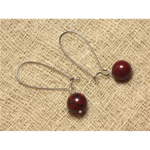 Boucles d'Oreilles Métal Argenté et Pierre - Jaspe Rouge Poppy 10mm