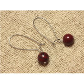 Silver Plated Metal and Stone Earrings - Red Jasper Poppy 10mm