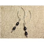 Boucles d'Oreilles Argent 925 Crochets 40mm - Oeil de Faucon Olives 7x5mm 