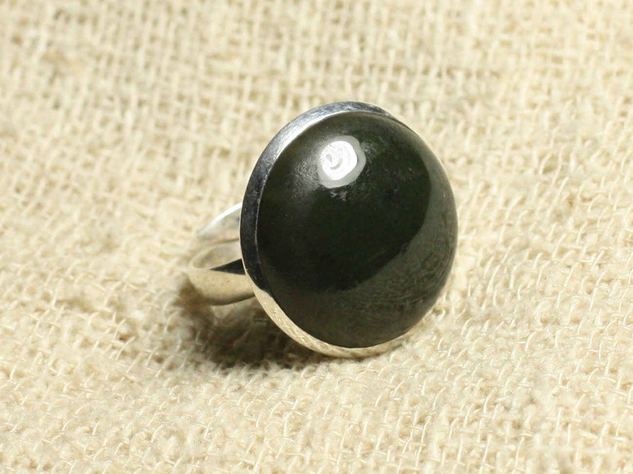 Bague Argent 925 et Pierre - Jade Nephrite Rond 20mm Taille Réglable 