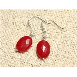 925 Silber- und Steinohrringe - Rot Jade Facettiert Oval 14mm 