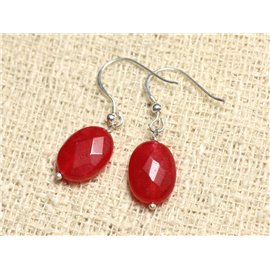 925 Silver and Stone Earrings - Red Jade Faceted Oval 14mm 
