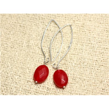 Boucles d'Oreilles Argent 925 et Pierre - Jade Rouge Ovales Facettés 14mm 