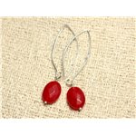 Boucles d'Oreilles Argent 925 et Pierre - Jade Rouge Ovales Facettés 14mm 