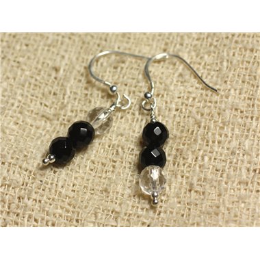 Boucles d'Oreilles Argent 925 - Onyx Noir et Cristal Quartz rondes Facettées 6mm 