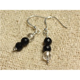 925 Silver Earrings - Black Onyx and Faceted Round Quartz Crystal 6mm 