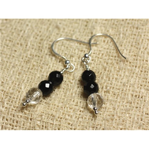 Boucles d'Oreilles Argent 925 - Onyx Noir et Cristal Quartz rondes Facettées 6mm