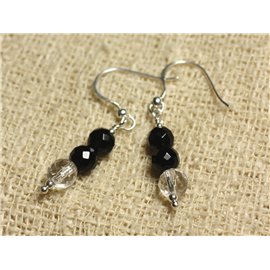 Boucles d'Oreilles Argent 925 - Onyx Noir et Cristal Quartz rondes Facettées 6mm  Boucles d'Oreilles Argent 925 - Onyx Noir et Cristal Quartz rondes Facettées 6mm