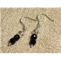 Boucles d'Oreilles Argent 925 - Onyx Noir et Cristal Quartz rondes Facettées 6mm 