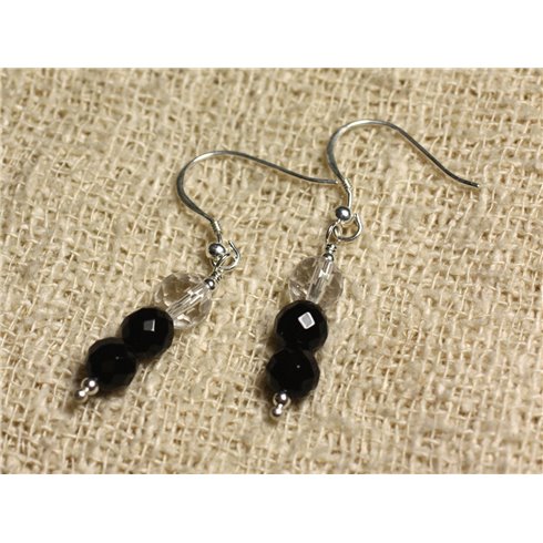 Boucles d'Oreilles Argent 925 - Onyx Noir et Cristal Quartz rondes Facettées 6mm