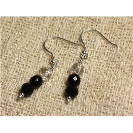 Boucles d'Oreilles Argent 925 - Onyx Noir et Cristal Quartz rondes Facettées 6mm  Boucles d'Oreilles Argent 925 - Onyx Noir et Cristal Quartz rondes Facettées 6mm