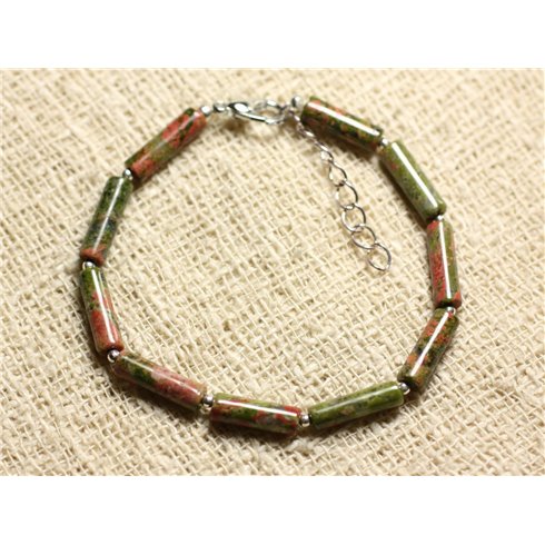 Bracelet Argent 925 et Pierre semi précieuse - Unakite Tubes 13mm 