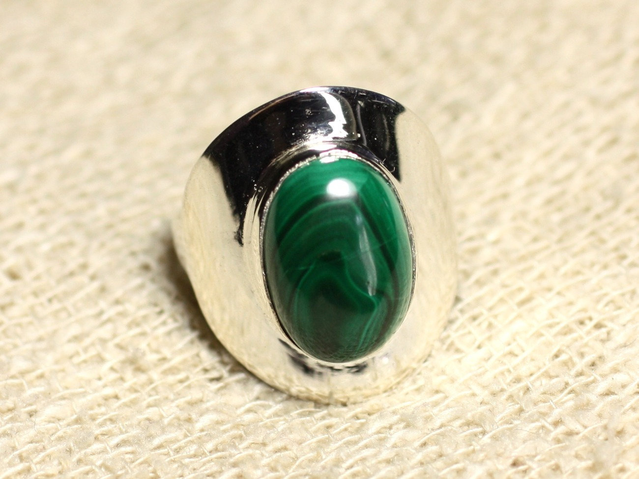 N124 - Bague Argent 925 et Pierre - Malachite Ovale 14x10mm 