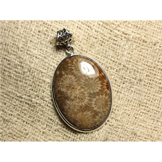 N7 - Pendentif Argent 925 et Pierre - Corail Fossile Ovale 38x28mm 