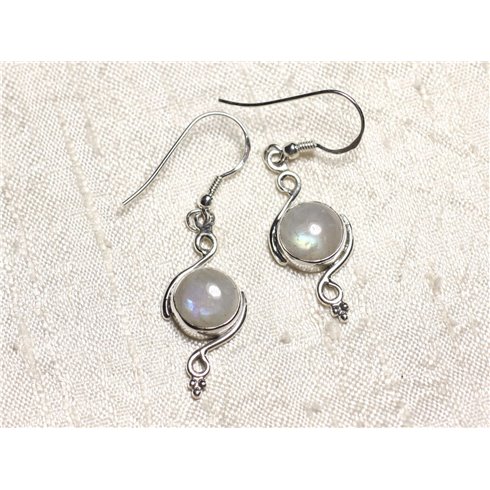 BO213 - Boucles d'Oreilles Argent 925 et Pierre de Lune Ronds Spirales 30mm 