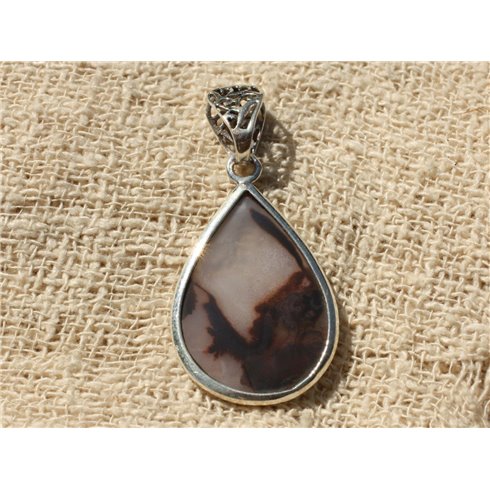 N9 - Pendentif Argent 925 et Pierre - Quartz Dendritique Goutte 35x22mm 