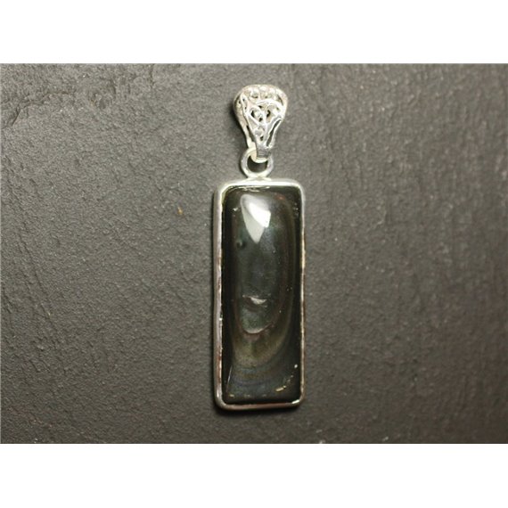 n50 - Pendentif Argent 925 et Pierre - Obsidienne Arc en Ciel Oeil Céleste Rectangle 36x14mm 