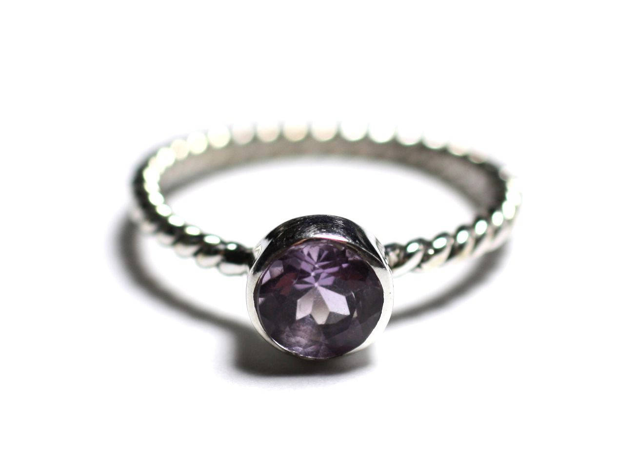 N231 - Bague Argent 925 et Pierre - Améthyste Facettée 6mm Anneau torsade 