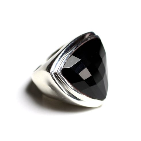 N347 - Bague Argent 925 et Pierre - Onyx Noir Triangle Facetté 21mm