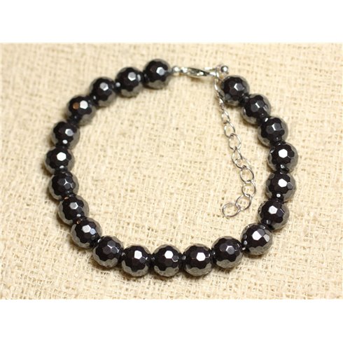 Bracelet Argent 925 et Pierre - Hématite Boules Facettées 8mm