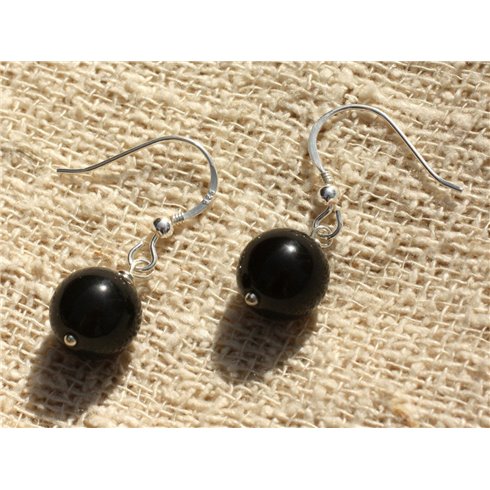 Boucles d'Oreilles Argent 925 et Obsidienne Noire 10mm 