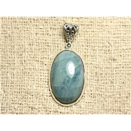 N35 - 925 Silver Pendant and Stone - Aquamarine Oval 30x18mm 