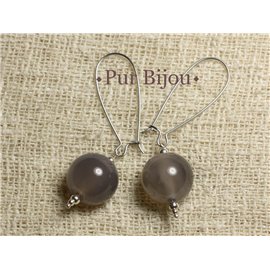 Boucles d'Oreilles Pierre Semi précieuse - Agate Grise 16mm