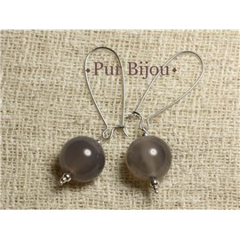 Semi Precious Stone Earrings - Gray Agate 16mm