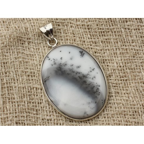 n20 - Pendentif Argent 925 et Agate Dendritique Ovale 36x28mm 