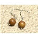 Boucles d'Oreilles Argent 925 et Pierre - Jaspe Bois Boules 10mm 