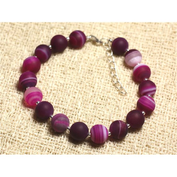 Bracelet Argent 925 et Pierre semi précieuse - Agate Rose Fuchsia Mat 8mm