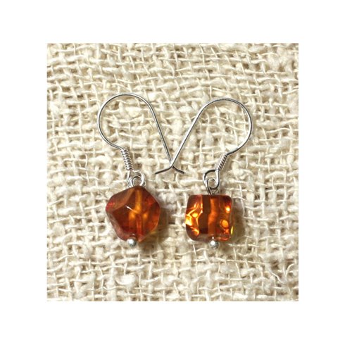 Boucles d'Oreilles Ambre Cognac Facettée et Argent 925 Ambre Orange / Bronze