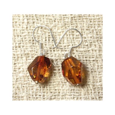 Boucles d'Oreilles Ambre Cognac Facettée et Argent 925 Ambre Orange / Bronze