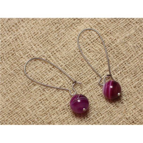 Boucles d'Oreilles Agate Fuchsia et longs crochets Argentés 