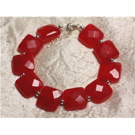 Armband Silber 925 und Stein - Rote Jade Facettierte Quadrate 14mm