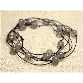 Cotton and semi-precious stone long necklace faceted gray agate 