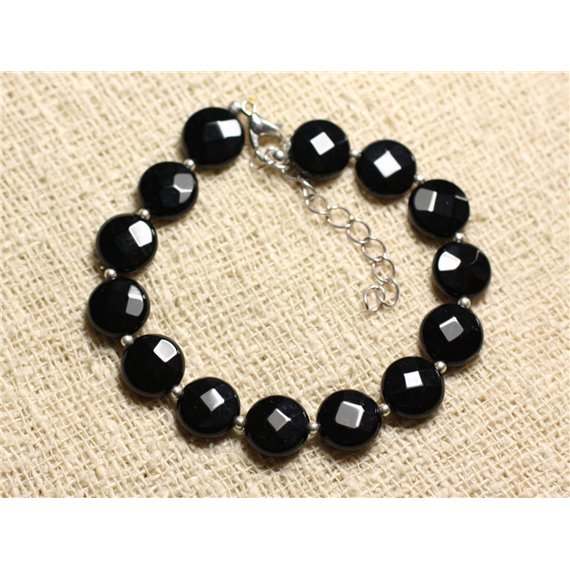 Bracelet Argent 925 et Pierre - Onyx Noir Palets Facettés 10mm 