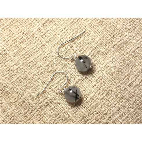 Boucles d'Oreilles Argent 925 et Pierre - Quartz Tourmaline 10mm 