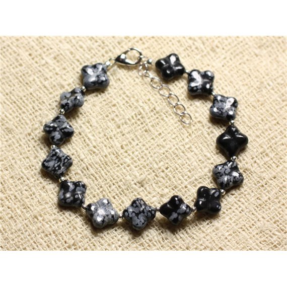 Bracelet Argent 925 et Pierre - Obsidienne Flocon Mouchetée Trèfles 9-10mm 