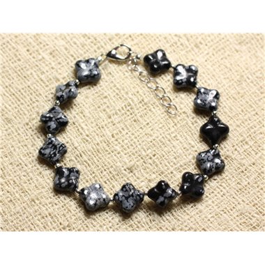 Bracelet Argent 925 et Pierre - Obsidienne Flocon Mouchetée Trèfles 9-10mm 