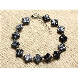 Armband 925 Silber und Stein - Obsidian Flake Speckled Clovers 9-10mm 