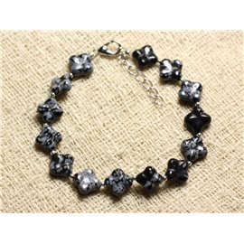 Bracelet 925 Silver and Stone - Obsidian Flake Speckled Clovers 9-10mm 