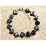 Bracelet Argent 925 et Pierre - Obsidienne Flocon Mouchetée Trèfles 9-10mm 