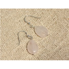 Boucles d'Oreilles Argent 925 et Pierre - Quartz Rose Gouttes plates 16x12mm 