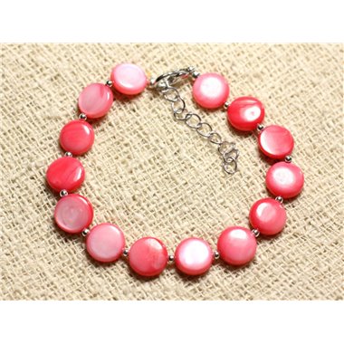 Bracelet Argent 925 et Nacre Palets 10mm Rose Corail Pêche 