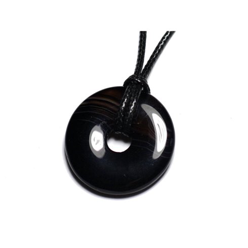 Collier Pendentif Pierre semi précieuse - Agate Noire Donut Pi 30mm 