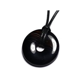 Semi Precious Stone Pendant Necklace - Black Agate Donut Pi 30mm 