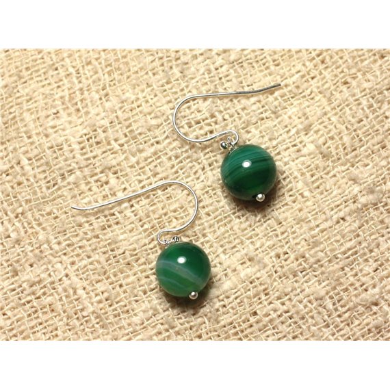 Boucles d'Oreilles Argent 925 et Pierre - Agate Verte 10mm 