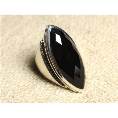 N348 - Bague Argent 925 Onyx Noir facetté Marquise 34x14mm 